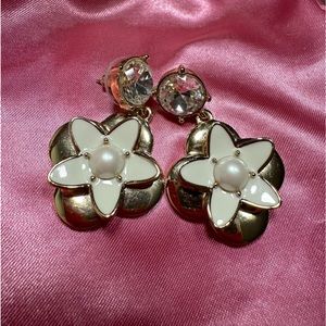 Kate Spade Gold Plated 3D Beige Flower Diamond CZ Hanging Earrings - No tarnish